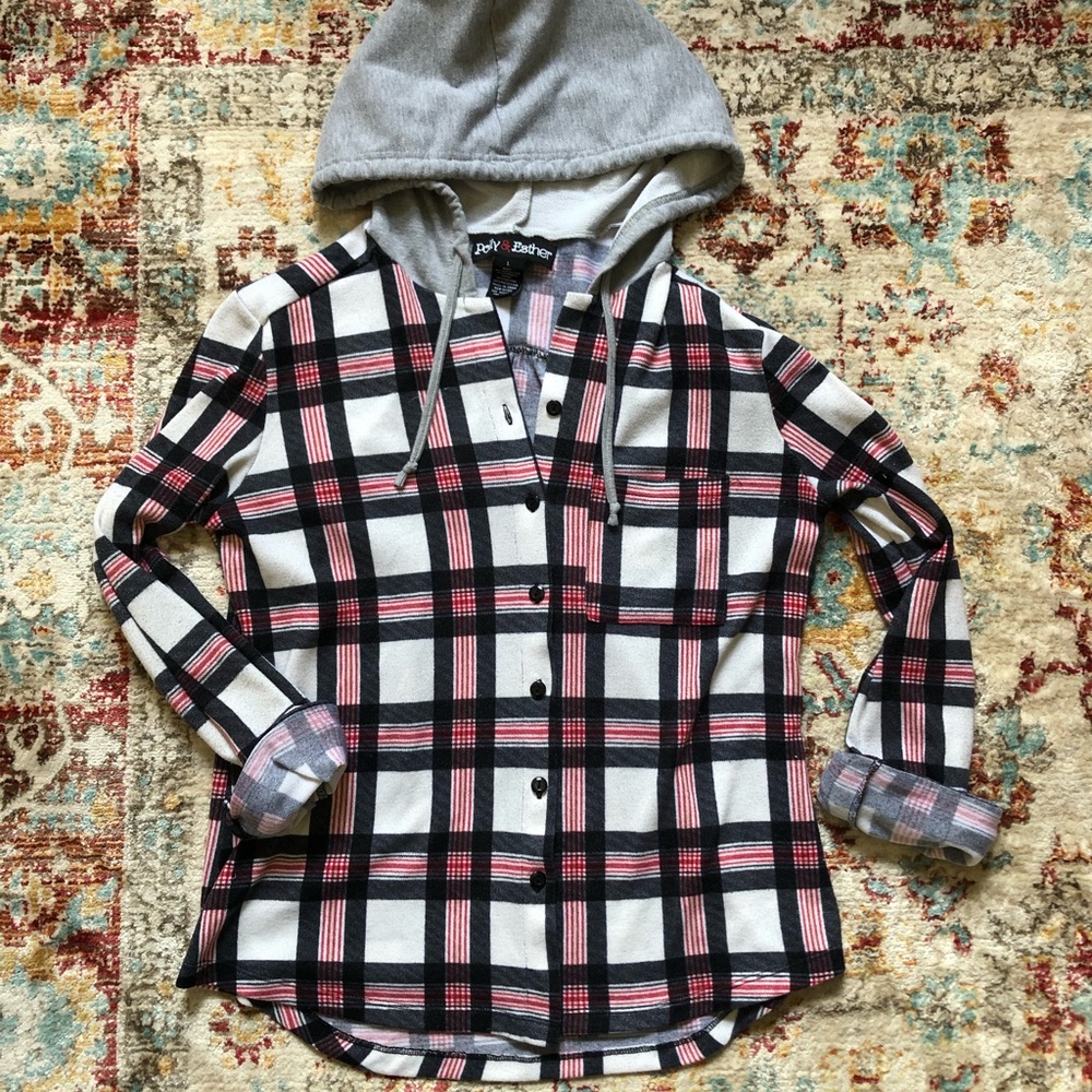 Plaid button-up hooded shirt